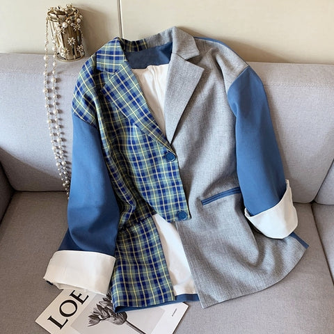 2023 Autumn Winter Vintage Stylish Patchwork Plaid Irregular Blazer Women Long Sleeve Female Suits Coats Outwear Tops