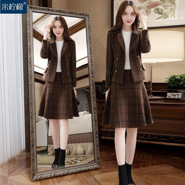 2023 Autumn Winter Women Vintage Two Piece Set Female Notched Woolen Blazer and Pleated Skirt Suit Lady Plaid Office Set L823