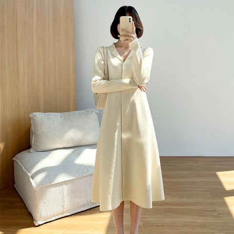 2022 Autumn Winter Women's Long-Sleeved Sweater Outwear Cardigan Suit Collar Singles Breasted Knitted A-line Dress