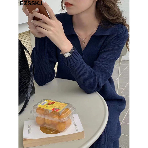 2022 Autumn Winter warm chic polo callor midi straight sweater Dress Women Casual oversize Sweater Dresses maix THICK  Dress