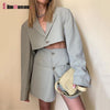 2022 Autumn Women 2pcs Top Skirt Suit Solid Crop Blazer Jacket Short Skirt Suits Lapel Single Breasted Long Sleeve Short Jacket