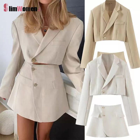 2022 Autumn Women 2pcs Top Skirt Suit Solid Crop Blazer Jacket Short Skirt Suits Lapel Single Breasted Long Sleeve Short Jacket