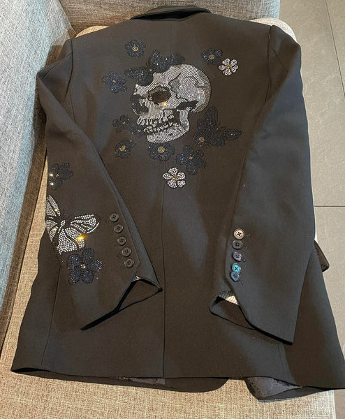 2023 Autumn Women Black Blazer Back Butterfly Skull Rhinestone Strass Flap Pockets Long Sleeves suits