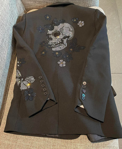 2023 Autumn Women Black Blazer Back Butterfly Skull Rhinestone Strass Flap Pockets Long Sleeves suits