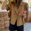 2022 Autumn Women Puff Sleeve Blazer Jacket Short Sleeve Buttons Pockets Outerwear Cotton and Linen Wild Short JK5300