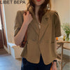 2022 Autumn Women Puff Sleeve Blazer Jacket Short Sleeve Buttons Pockets Outerwear Cotton and Linen Wild Short JK5300