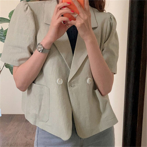 2022 Autumn Women Puff Sleeve Blazer Jacket Short Sleeve Buttons Pockets Outerwear Cotton and Linen Wild Short JK5300