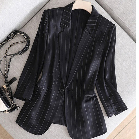 2023 Autumn Women Three Quarter Sleeve Striped Bright Stain Single Button Blazer Slim Pockets Jacket Coat Female Suit