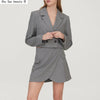 2022 Autumn Women Grey Two Buttons Loose Short Lapel Blazer Jacket + Mini Skirt Chic Set Casual Solid Color