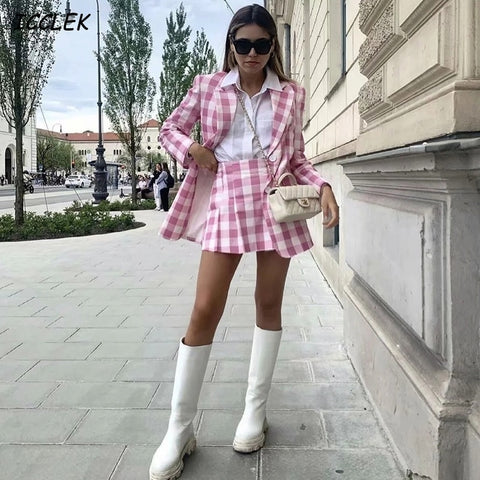 2022 Autumn Women Suits Pink Vintage Plaid Blazer Suits With Skirt Pleated Skirt Set Two Piece Set Women Skirt Outfit Streetwear