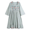 2022 BOHO Square Collar Gray Floral Embroidery Women Dress Holiday Flare Sleeve Spliced Pleated Ruched Loose Midi Dresses Beach