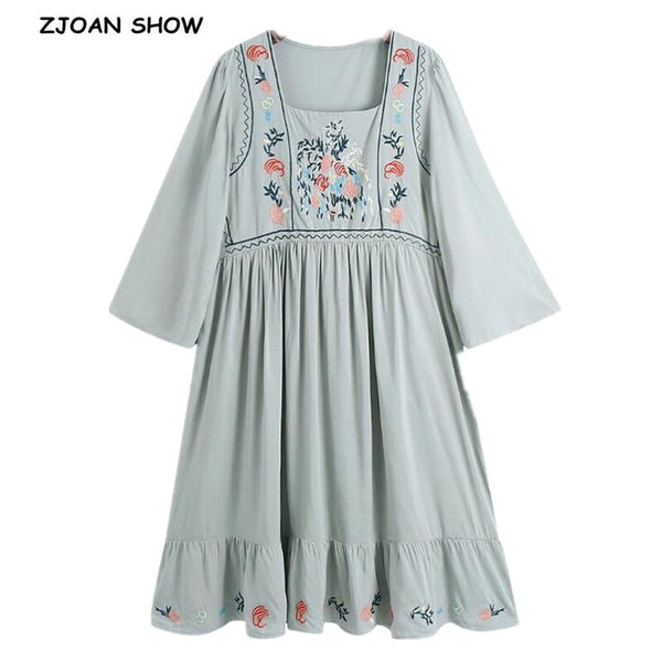 2022 BOHO Square Collar Gray Floral Embroidery Women Dress Holiday Flare Sleeve Spliced Pleated Ruched Loose Midi Dresses Beach