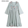2022 BOHO Square Collar Gray Floral Embroidery Women Dress Holiday Flare Sleeve Spliced Pleated Ruched Loose Midi Dresses Beach