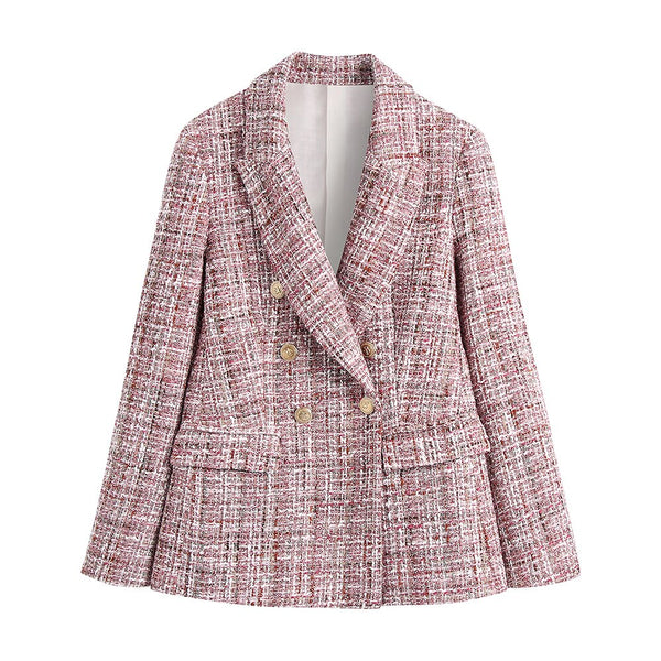 2023 Blazers For Women Clothing Peak Lapel Long Sleeve Checked Tweed Blazer Double Breasted Retro Elegant Office Blazers Jackets