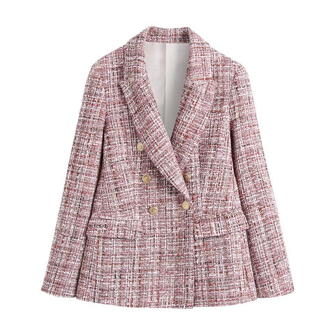 2023 Blazers For Women Clothing Peak Lapel Long Sleeve Checked Tweed Blazer Double Breasted Retro Elegant Office Blazers Jackets