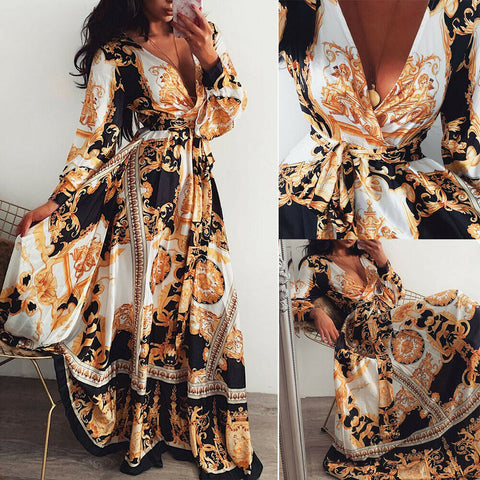 2023 Boho Summer Retro Vintage Floral Print Long Party Dress Women Sexy Elegant V-neck Long Maxi Dresses Vestidos