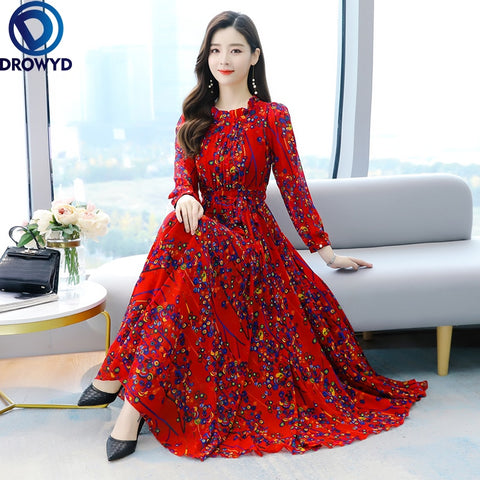 2022 Boho Vintage Red Print Chiffon Beach Maxi Dress Summer 4XL Plus Size Long Sleeve Women Dress Elegant Party Dresses Vestidos