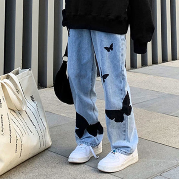 2022 Butterfly Print Jeans for Women Men Pants Loose Baggy Denim Pants Straight Trousers Goth Women Clothing Big Size