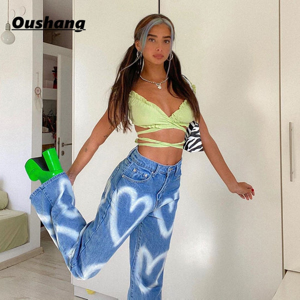 2022 Casual Printed Heart Straight Slim Jeans Vintage High Waist Trousers Women Denim Pants Vaqueros Mujer Streetwear
