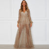 2022 Christmas Party Women Summer Long Party Dress Long Sleeve Sexy Mesh Tulle Gold Sequin Maxi Dress Vestidos De Mujer