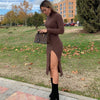 2022 Dress Women Long Sleeves High-Neck Elastic Midi Dress  Elegant Chic Lady Knit Sweater Dresses Women robe femme