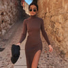 2022 Dress Women Long Sleeves High-Neck Elastic Midi Dress  Elegant Chic Lady Knit Sweater Dresses Women robe femme