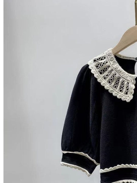 2022 Early Autumn Doll Collar Hollow Knit Short-sleeved Black Dress Women Mini Dress