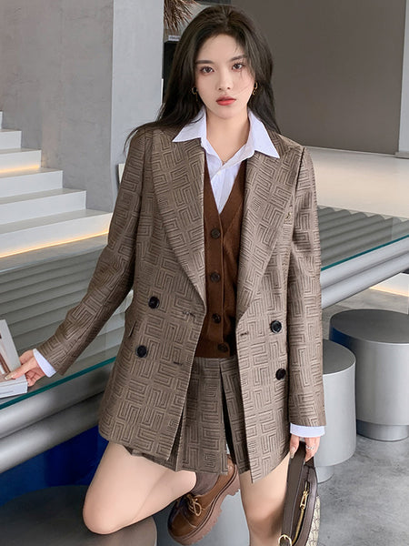 2023 Early Autumn Women's Retro Badge Jacquard Double-breasted Suit Women Blazer