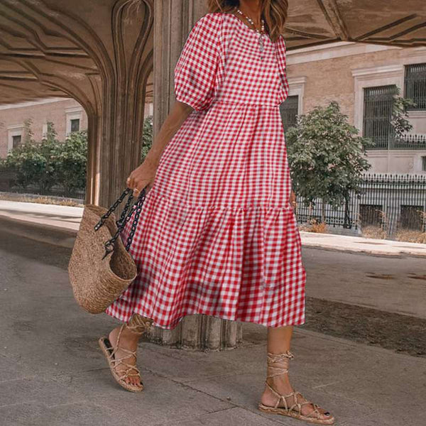 2022 Elegant Casual Summer Beach Style Vintage Women Dress O-Neck A-LINE Plaid Floral Print Puff Sleeve Mid-Calf Party Dress