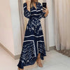 2022 Elegant Irregular Maxi Dress Women 2022 Spring Long Sleeve V Neck Office Lady Letters Print Tie Waist Long Dress