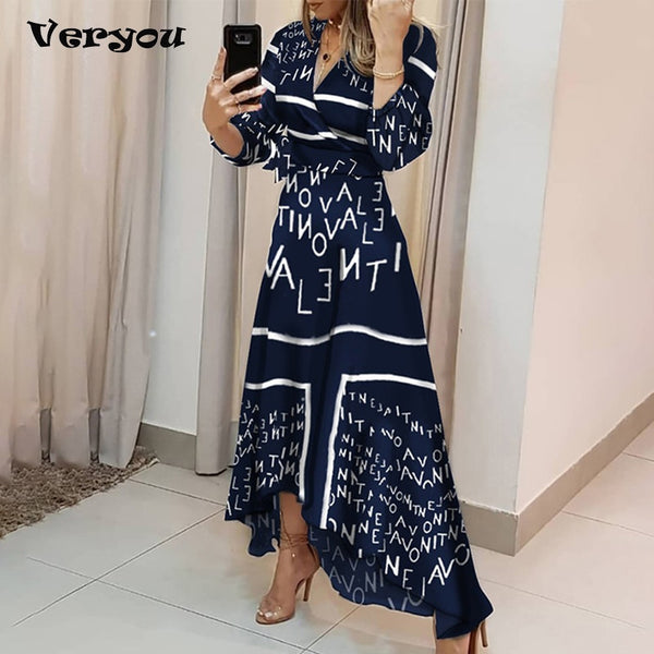 2022 Elegant Irregular Maxi Dress Women 2022 Spring Long Sleeve V Neck Office Lady Letters Print Tie Waist Long Dress