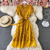 2022 Elegant V Neck Floral Print Chiffon Dress Summer Short sleeve Bandage Slim Lace Stitching Women Mid-calf Dress