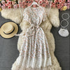 2022 Elegant V Neck Floral Print Chiffon Dress Summer Short sleeve Bandage Slim Lace Stitching Women Mid-calf Dress