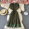 2022 Elegant V Neck Floral Print Chiffon Dress Summer Short sleeve Bandage Slim Lace Stitching Women Mid-calf Dress