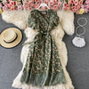 2022 Elegant V Neck Floral Print Chiffon Dress Summer Short sleeve Bandage Slim Lace Stitching Women Mid-calf Dress