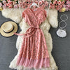 2022 Elegant V Neck Floral Print Chiffon Dress Summer Short sleeve Bandage Slim Lace Stitching Women Mid-calf Dress