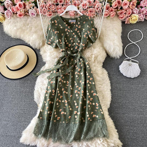 2022 Elegant V Neck Floral Print Chiffon Dress Summer Short sleeve Bandage Slim Lace Stitching Women Mid-calf Dress