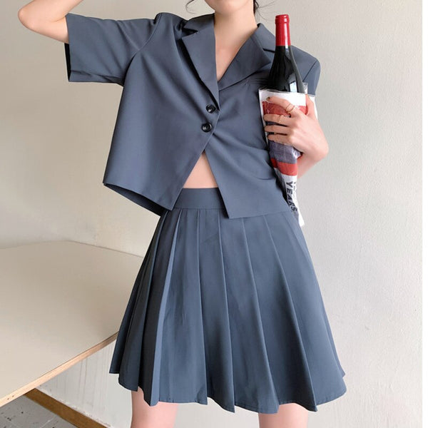 2022 Ensembles Femme Summer Korean College Style Simple Short Sleeve Blazer+Pleated Mini Skirts 2 Piece Sets Womens Outfits