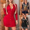 2022 European and American red tight-fitting long-sleeved side slit shirt dress