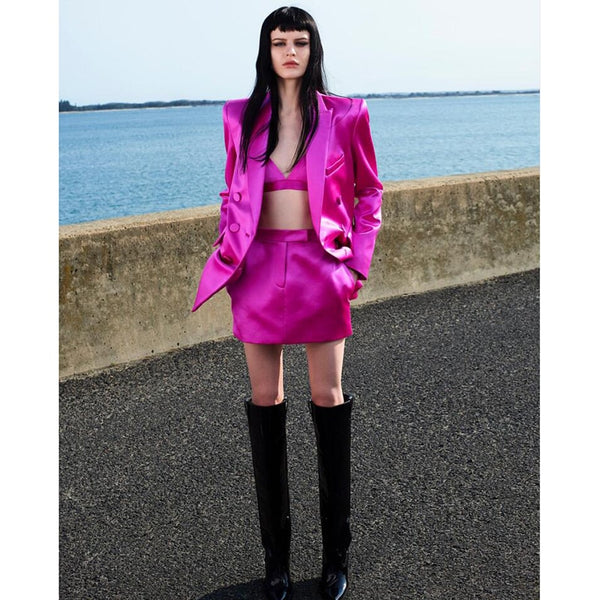 2022 Fall Fuchsia Femme Casual Long Sleeve Blazers Bras & Mini Skirt Vintage Satin High Street Women 3 Pieces Skirt Set HB8571