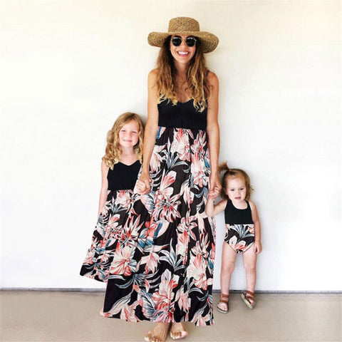 2022 Family Matching Clothes Flower Long Maxi Dresses For Women Patchwork Sexy Summer Tank Brick Dress Mother Daughter Baby Girl