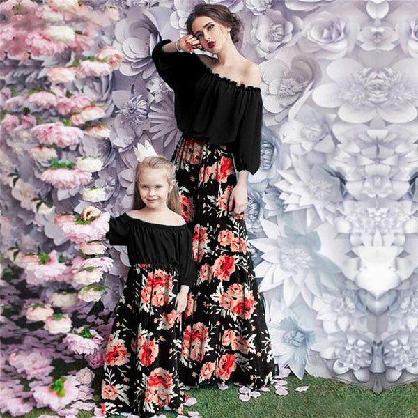 2022 Family Matching Clothes Patchwork Maxi Dress Mother Girl Daughter Autum Flower Long Sleeve Dresses Mom And Me Women Vestido