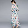 2022 Autumn Chiffon Vacation Flower Dress Women's Bow Collar Lantern Sleeve Floral Print Party Long Female Robe Vestidos