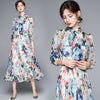 2022 Autumn Chiffon Vacation Flower Dress Women's Bow Collar Lantern Sleeve Floral Print Party Long Female Robe Vestidos