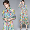 2022 Autumn Chiffon Vacation Flower Dress Women's Bow Collar Lantern Sleeve Floral Print Party Long Female Robe Vestidos