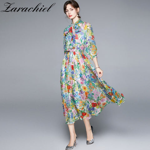 2022 Autumn Chiffon Vacation Flower Dress Women's Bow Collar Lantern Sleeve Floral Print Party Long Female Robe Vestidos