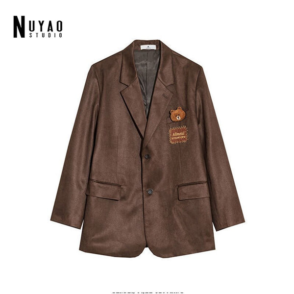 2023 Autumn Women  Streetwear Blazer Loose Coats Retro Tide Brand Bear Decoration Leather Velvet Female Suit Jacket