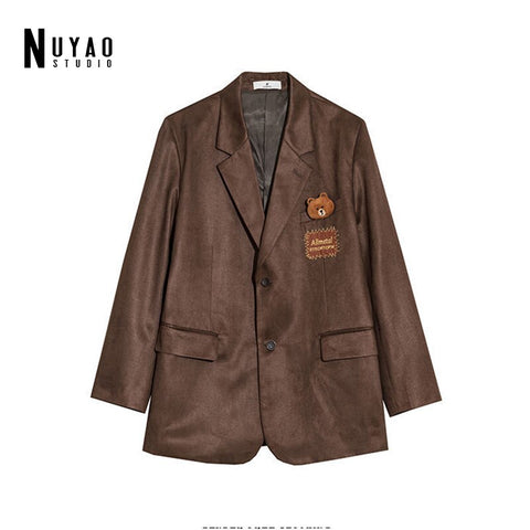 2023 Autumn Women  Streetwear Blazer Loose Coats Retro Tide Brand Bear Decoration Leather Velvet Female Suit Jacket