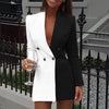 2022 Colorblock Patchwork Blazer Women Long Sleeve V Neck Suit Dress Spring Autumn Button Woman's Coat Костюм Женский