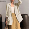 2022 Cotton Linen Coat Womens Autumn Blazer ZANZEA Solid Long Sleeve Cardigans OL Casual Loose Elegant Outwear